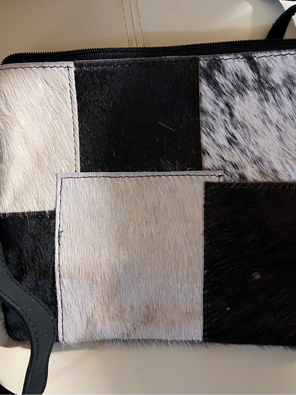 Patchwork Black & White Haircalf Wristlet Clutch